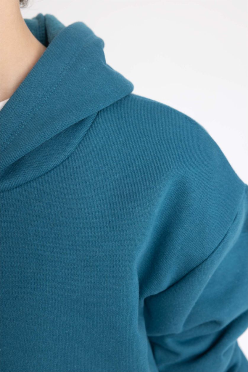 Erkek Çocuk - Genç Erkek Petrol Basic Düz Kapüşonlu Sweatshirt Erkek Çocuk