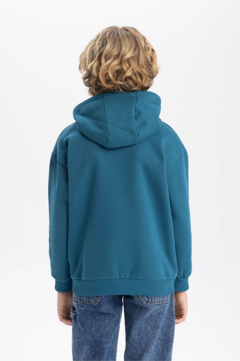 Erkek Çocuk - Genç Erkek Petrol Basic Düz Kapüşonlu Sweatshirt Erkek Çocuk