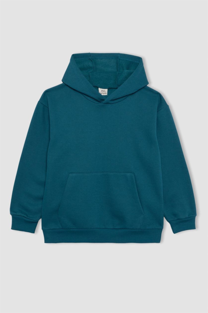 Erkek Çocuk - Genç Erkek Petrol Basic Düz Kapüşonlu Sweatshirt Erkek Çocuk