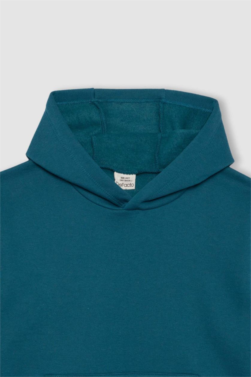 Erkek Çocuk - Genç Erkek Petrol Basic Düz Kapüşonlu Sweatshirt Erkek Çocuk
