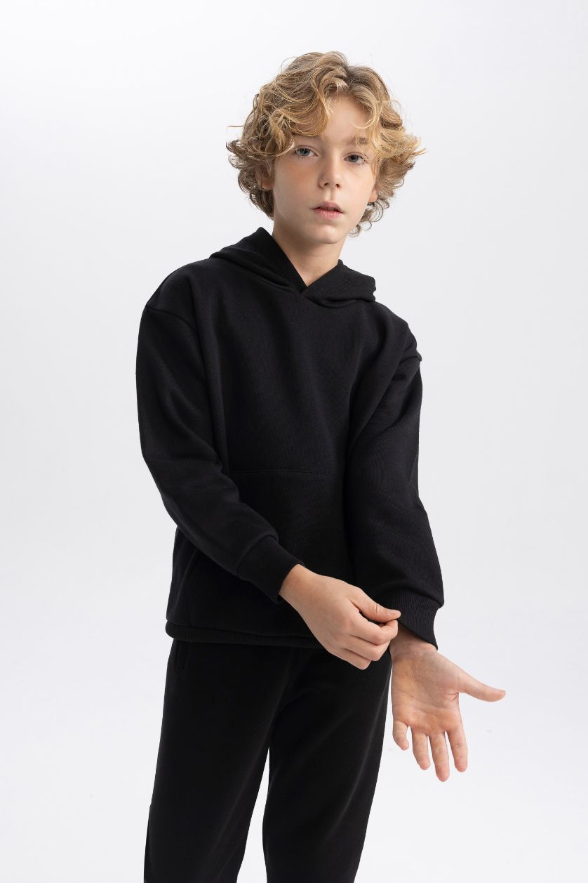 Erkek Çocuk - Genç Erkek Siyah Basic Düz Kapüşonlu Sweatshirt Erkek Çocuk