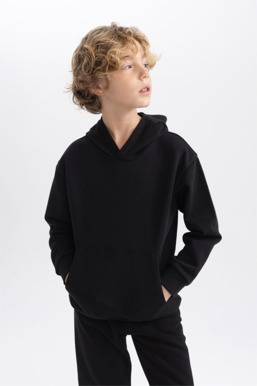 Erkek Çocuk - Genç Erkek Siyah Basic Düz Kapüşonlu Sweatshirt Erkek Çocuk