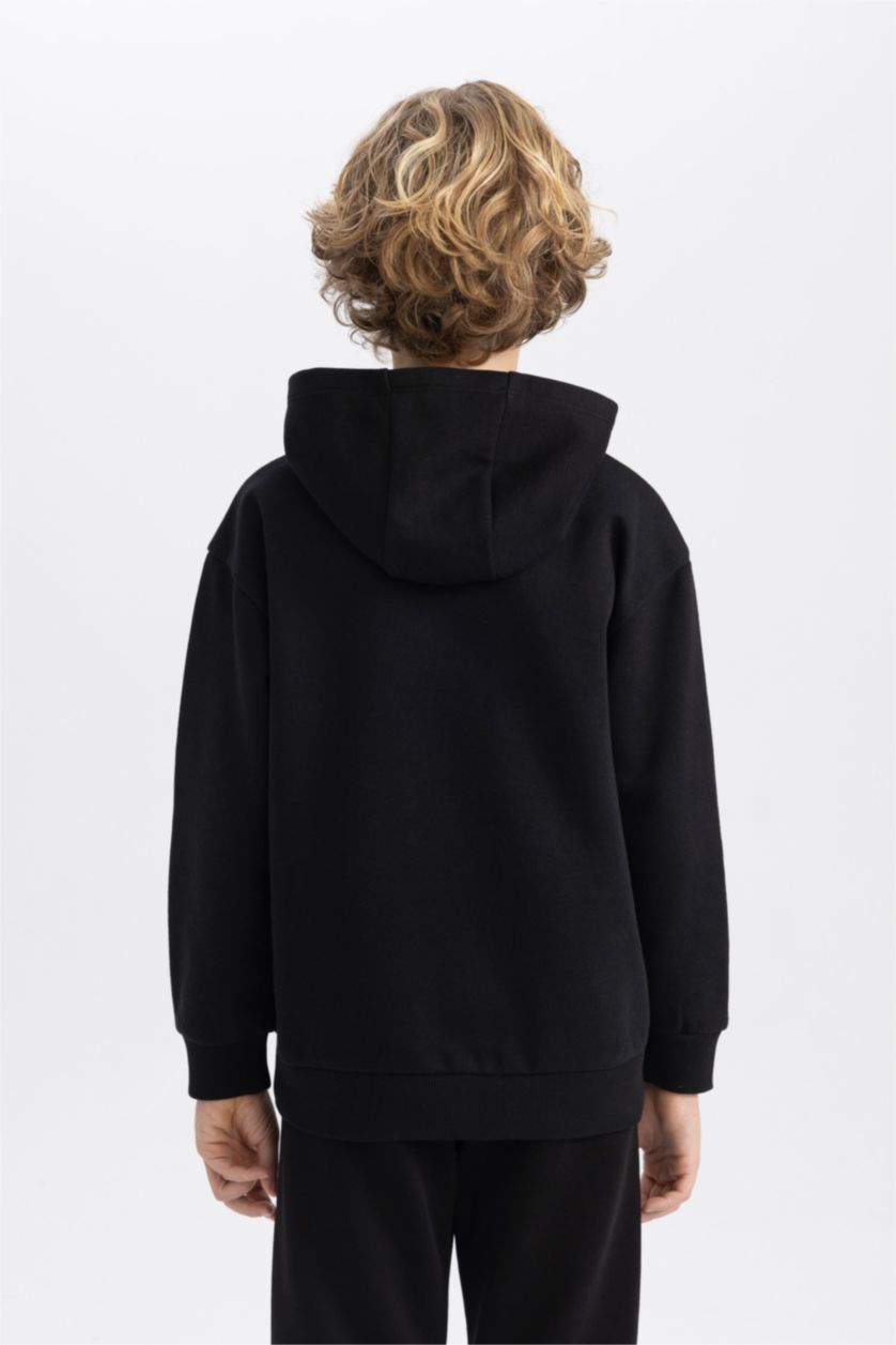 Erkek Çocuk - Genç Erkek Siyah Basic Düz Kapüşonlu Sweatshirt Erkek Çocuk