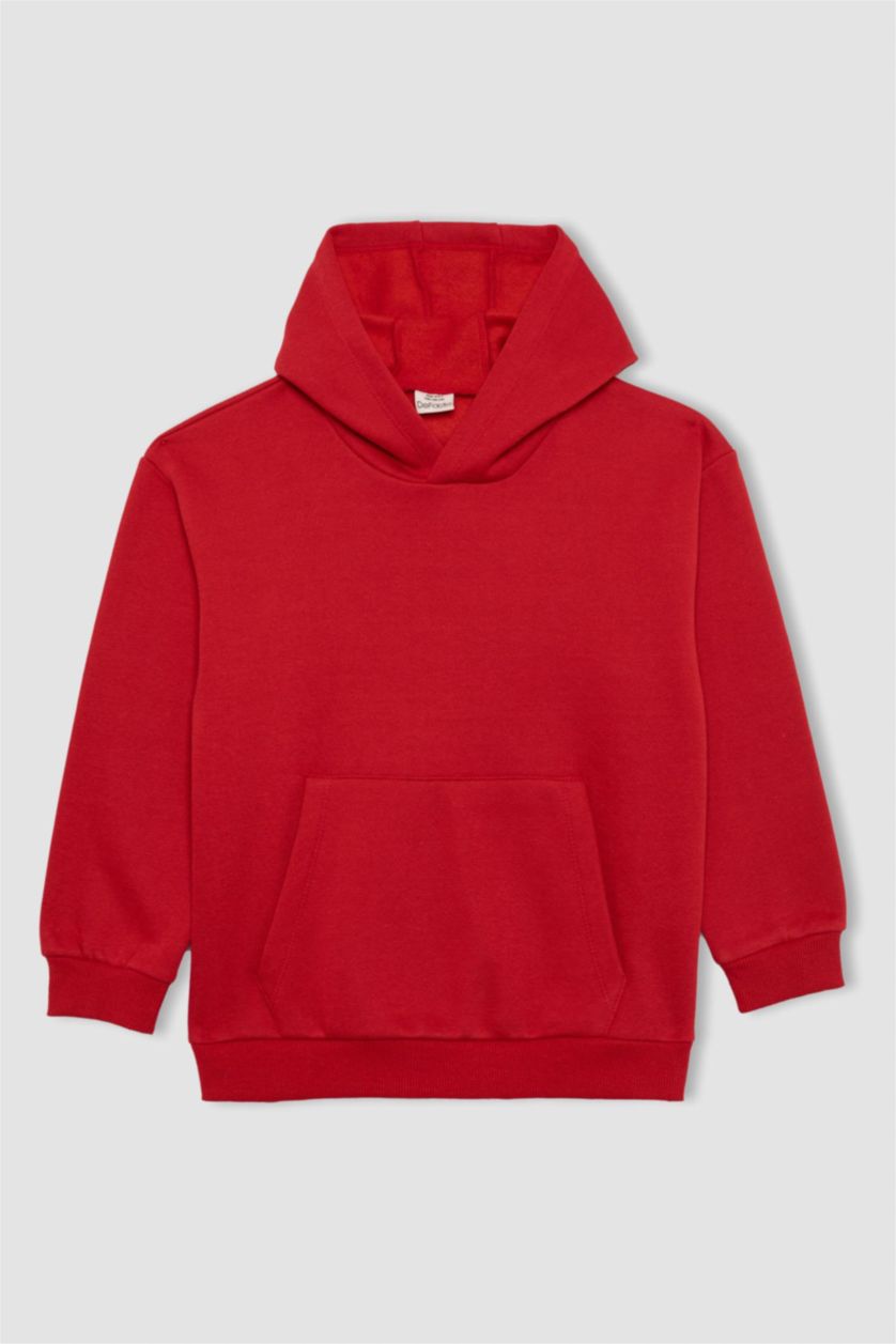 Erkek Çocuk - Genç Erkek Bordo Erkek Çocuk Basic Düz Kapüşonlu Sweatshirt