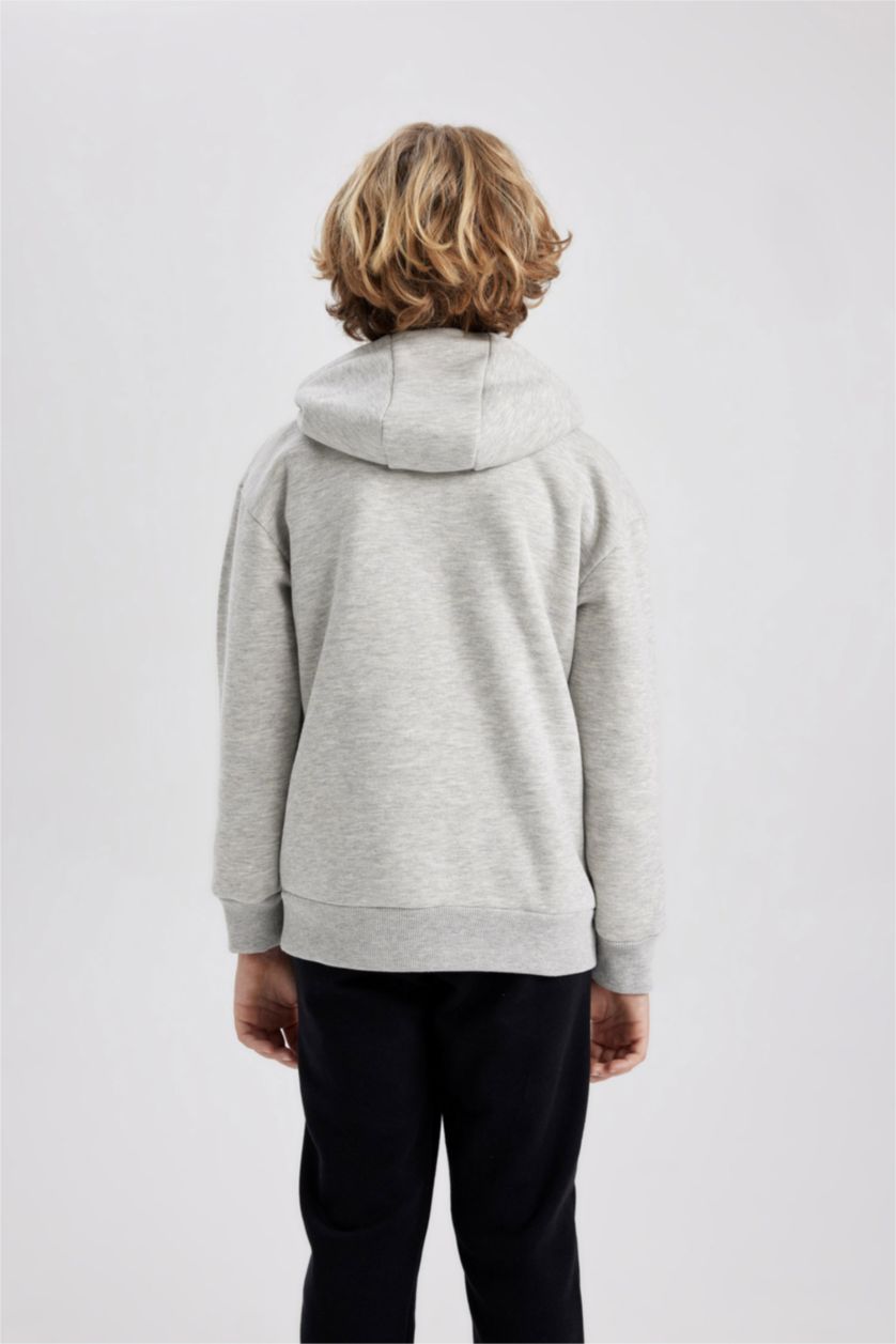 Erkek Çocuk - Genç Erkek Gri Melanj Basic Düz Kapüşonlu Sweatshirt Erkek Çocuk