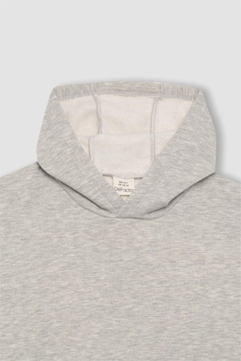 Erkek Çocuk - Genç Erkek Gri Melanj Basic Düz Kapüşonlu Sweatshirt Erkek Çocuk