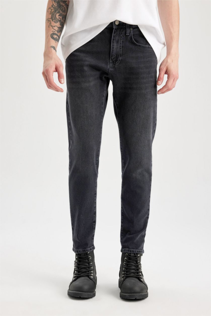 HOMME Noir Pantalon Jean Slim à Taille Normale et Jambe ajustées