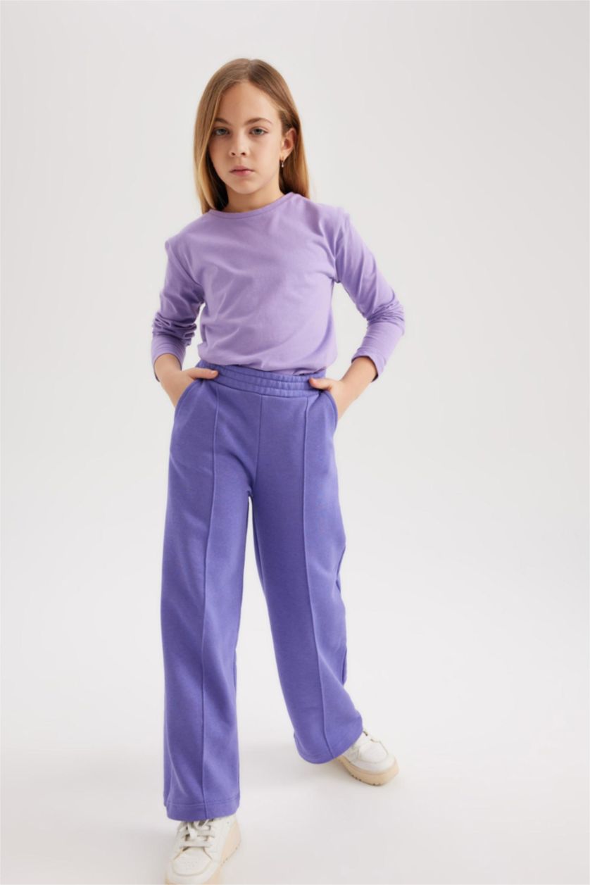 Kız Çocuk - Genç Kız Mor Kız Çocuk Beli Lastikli Wide Leg Eşofman Altı