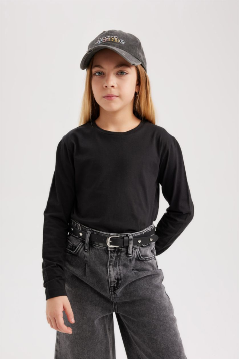 Girls & Teens Black Girl Regular Fit Crew Neck Long Sleeve T-Shirt