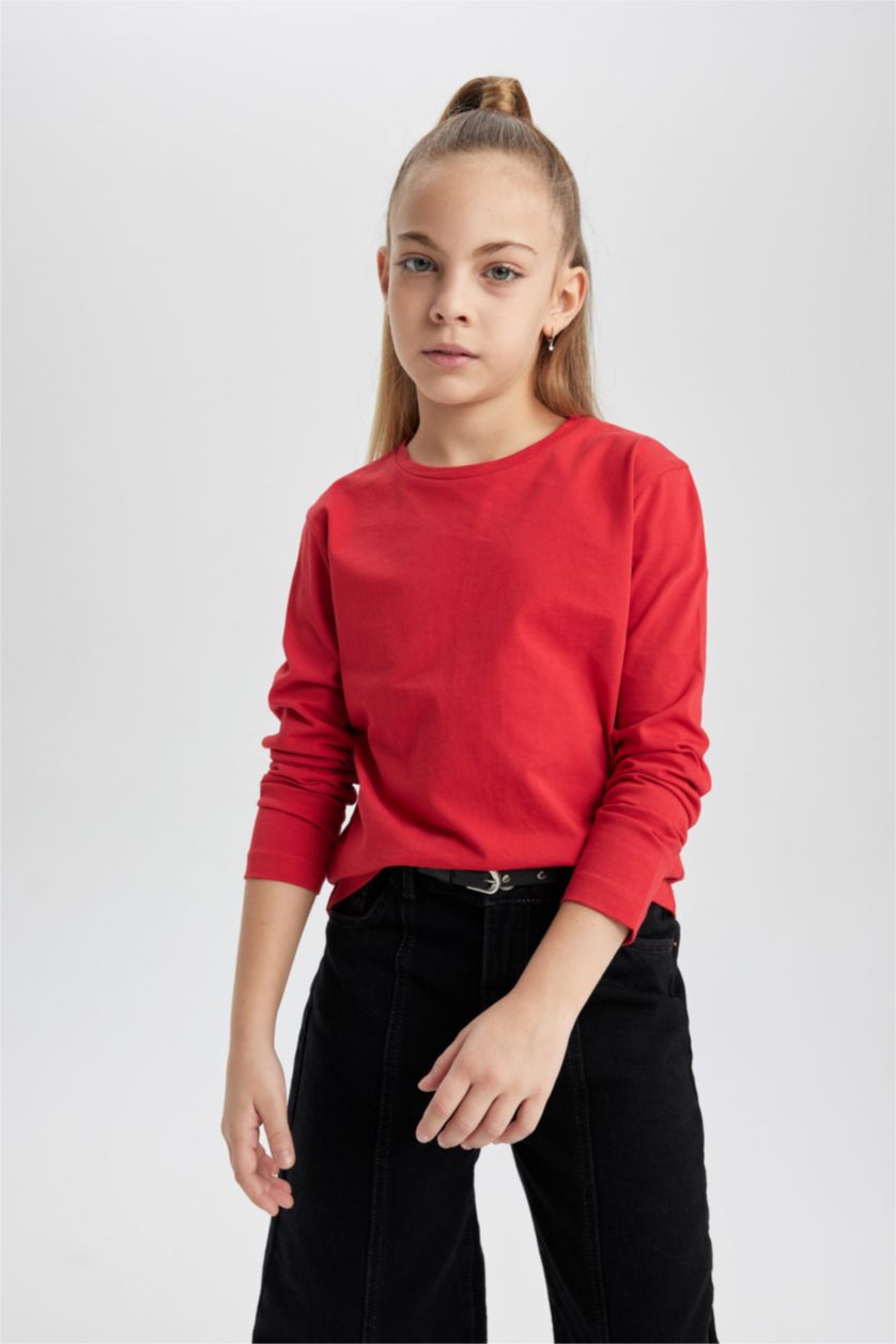 Girls & Teens Red Girl Regular Fit Crew Neck Long Sleeve T-Shirt
