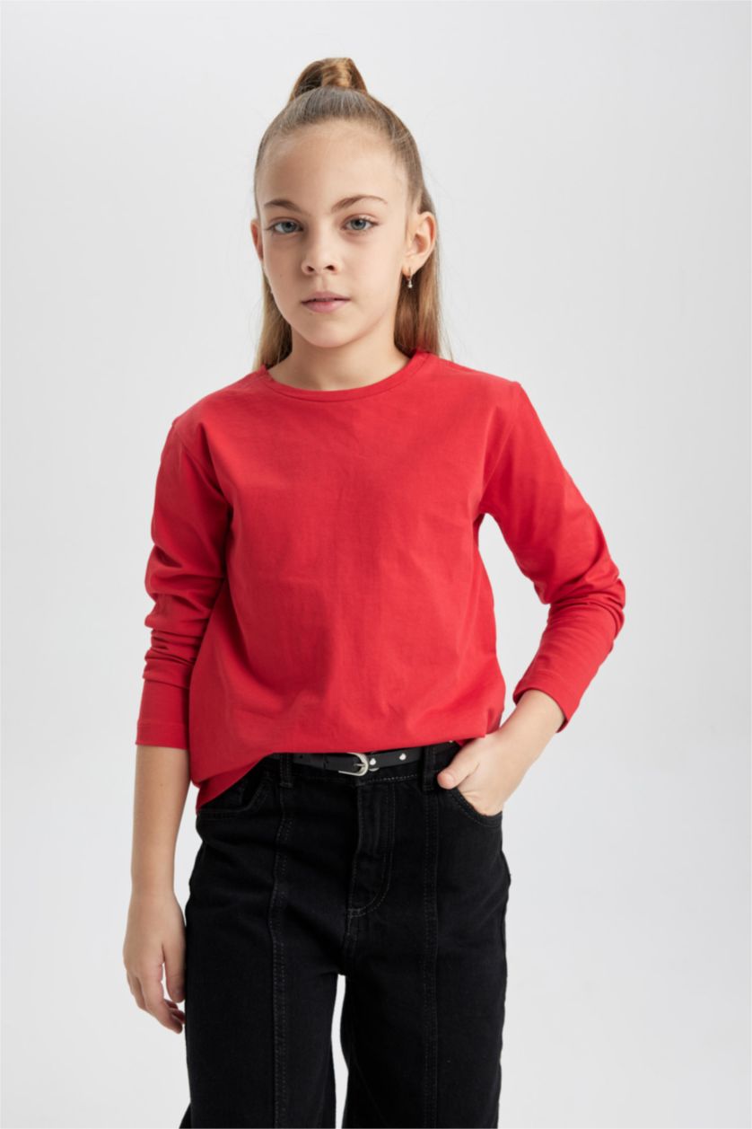 Girls & Teens Red Girl Regular Fit Crew Neck Long Sleeve T-Shirt