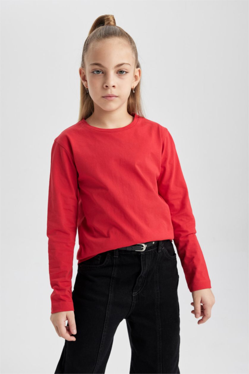 Girls & Teens Red Girl Regular Fit Crew Neck Long Sleeve T-Shirt