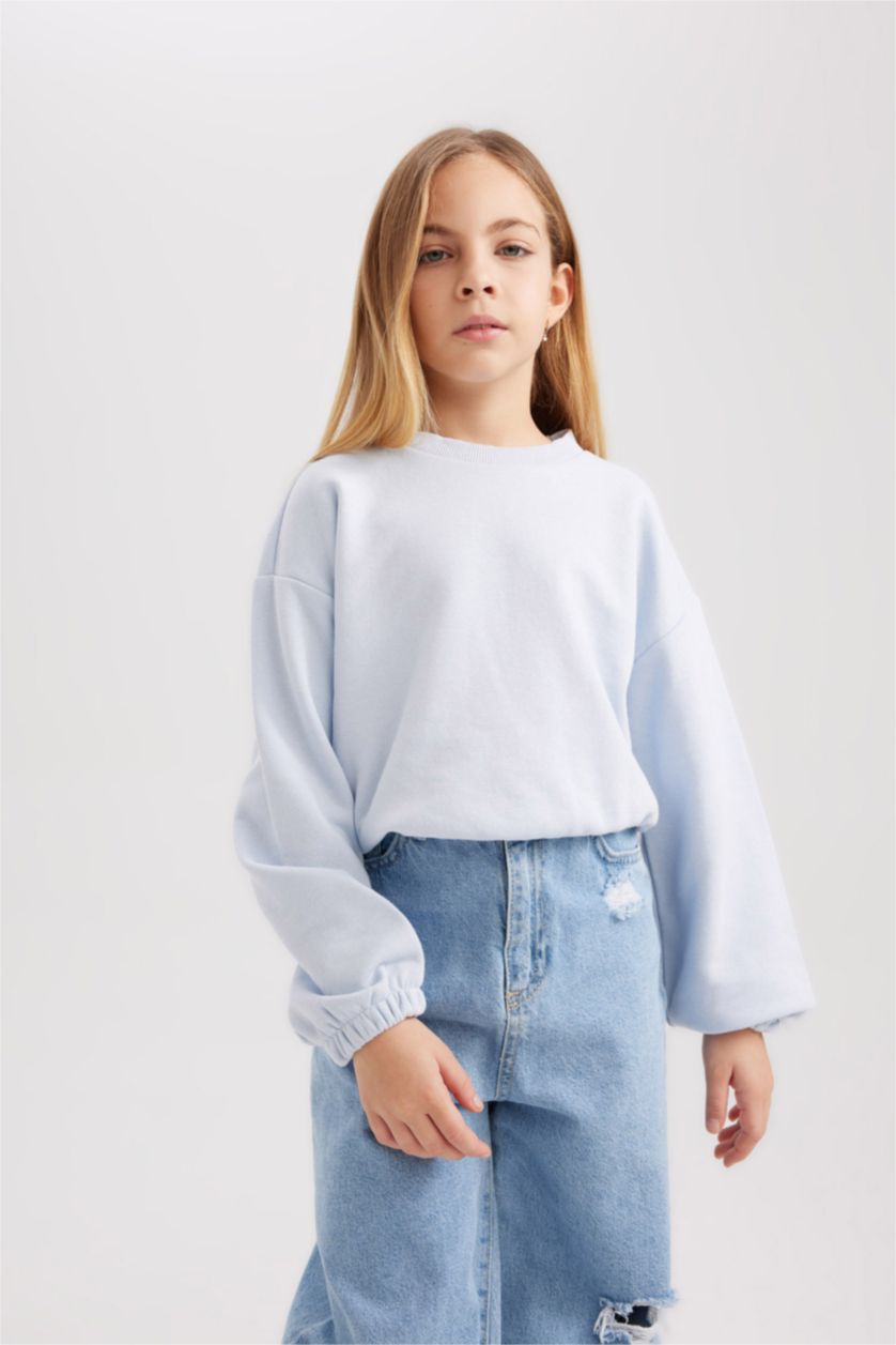 Kız Çocuk - Genç Kız Açık Mavi Bisiklet Yaka Basic Düz Sweatshirt Kız Çocuk