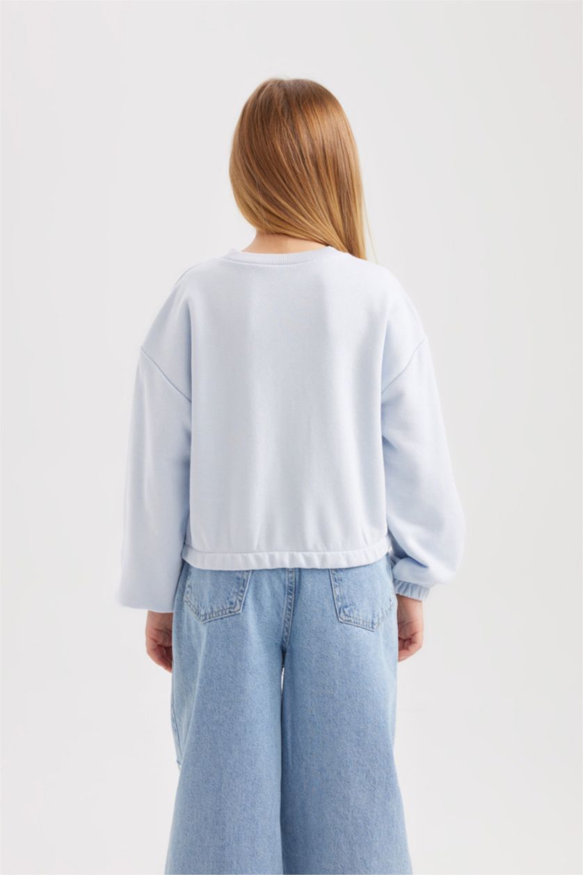 Kız Çocuk - Genç Kız Açık Mavi Bisiklet Yaka Basic Düz Sweatshirt Kız Çocuk