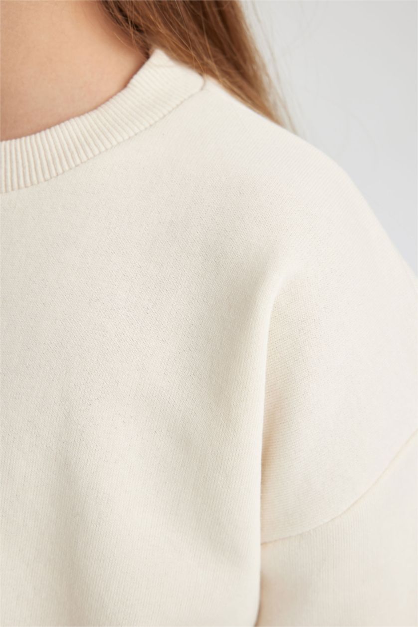 Kız Çocuk - Genç Kız Ekru Bisiklet Yaka Basic Düz Sweatshirt Kız Çocuk