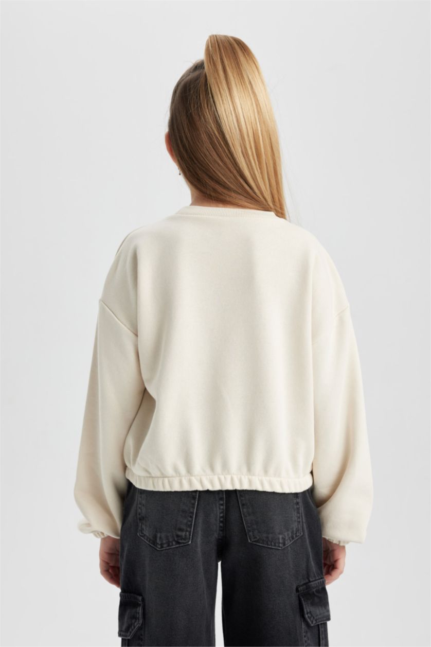 Kız Çocuk - Genç Kız Ekru Bisiklet Yaka Basic Düz Sweatshirt Kız Çocuk