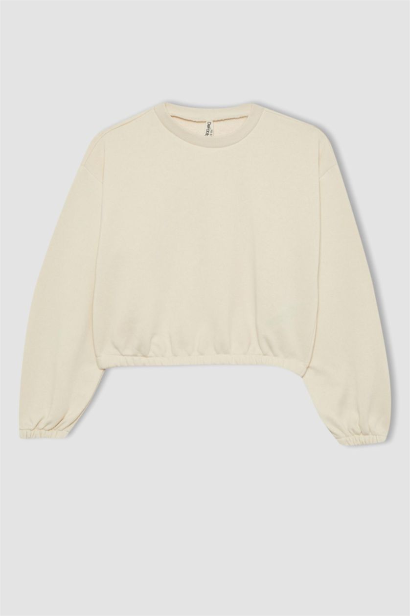 Kız Çocuk - Genç Kız Ekru Bisiklet Yaka Basic Düz Sweatshirt Kız Çocuk