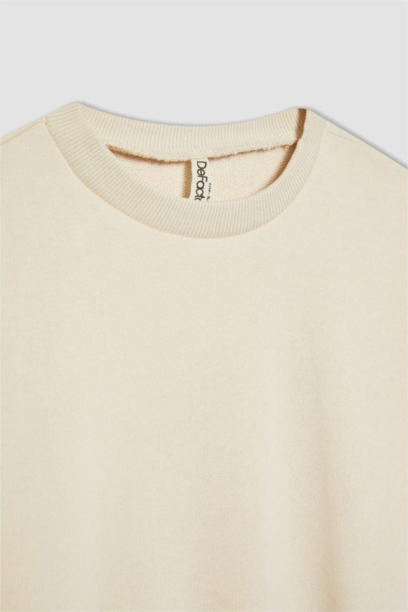 Kız Çocuk - Genç Kız Ekru Bisiklet Yaka Basic Düz Sweatshirt Kız Çocuk