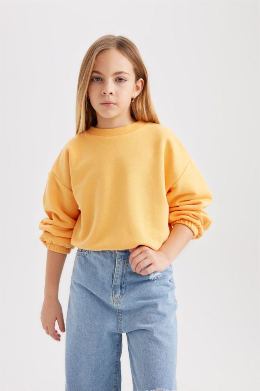 Kız Çocuk - Genç Kız Açık Turuncu Kız Çocuk Bisiklet Yaka Basic Düz Sweatshirt