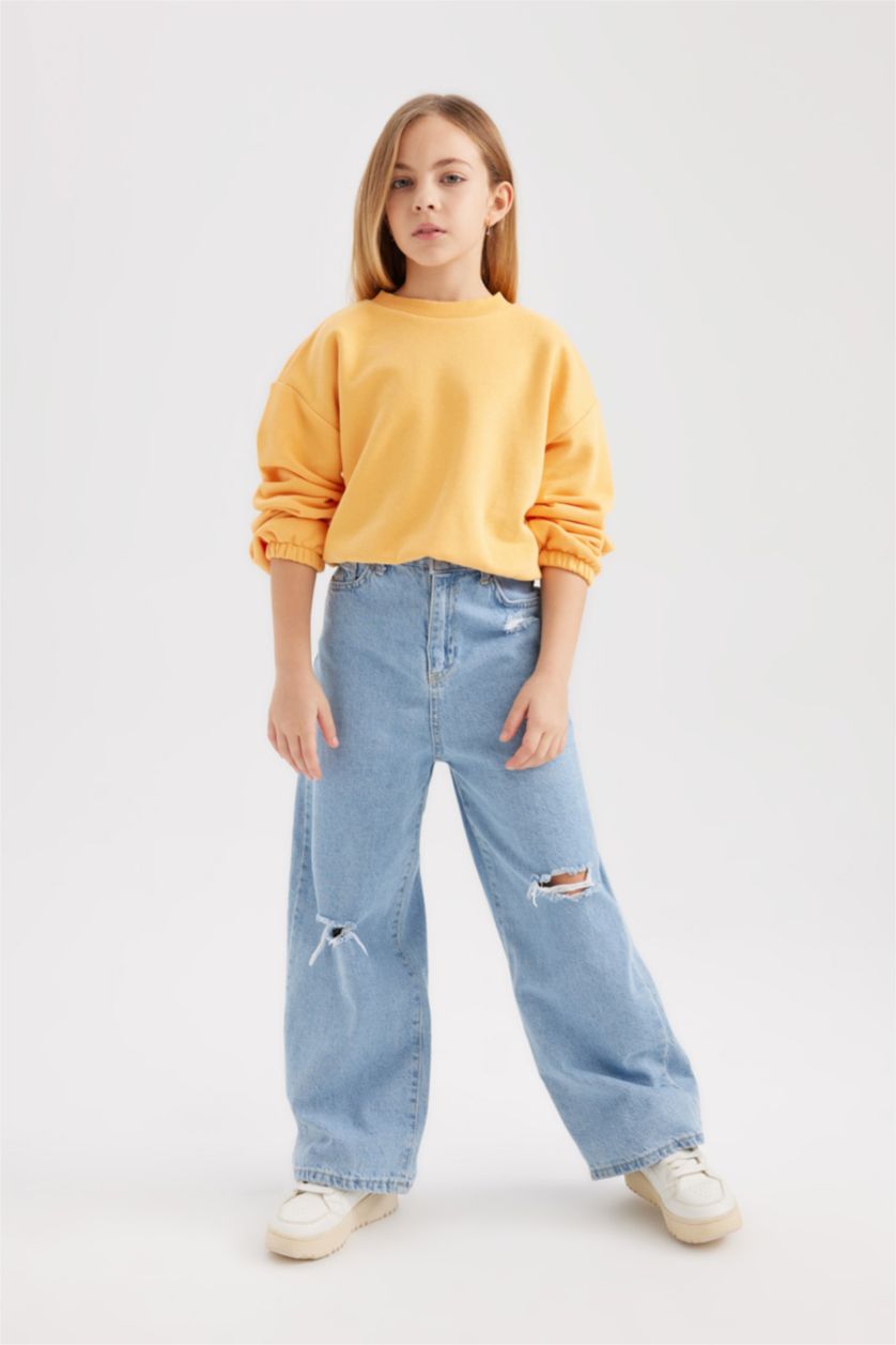 Kız Çocuk - Genç Kız Açık Turuncu Kız Çocuk Bisiklet Yaka Basic Düz Sweatshirt