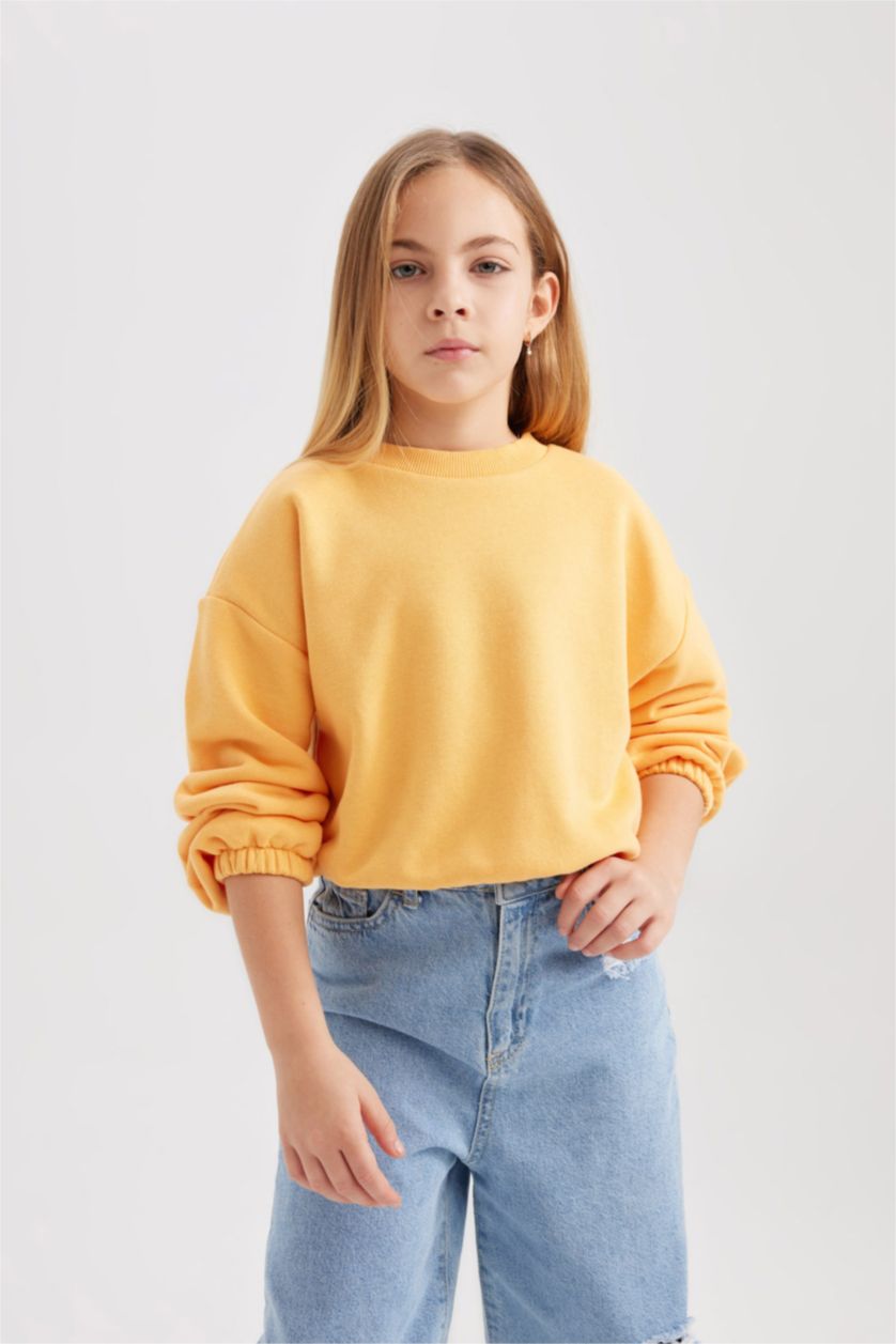 Kız Çocuk - Genç Kız Açık Turuncu Kız Çocuk Bisiklet Yaka Basic Düz Sweatshirt