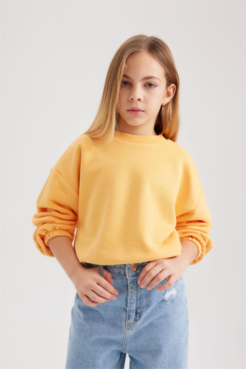 Kız Çocuk - Genç Kız Açık Turuncu Kız Çocuk Bisiklet Yaka Basic Düz Sweatshirt