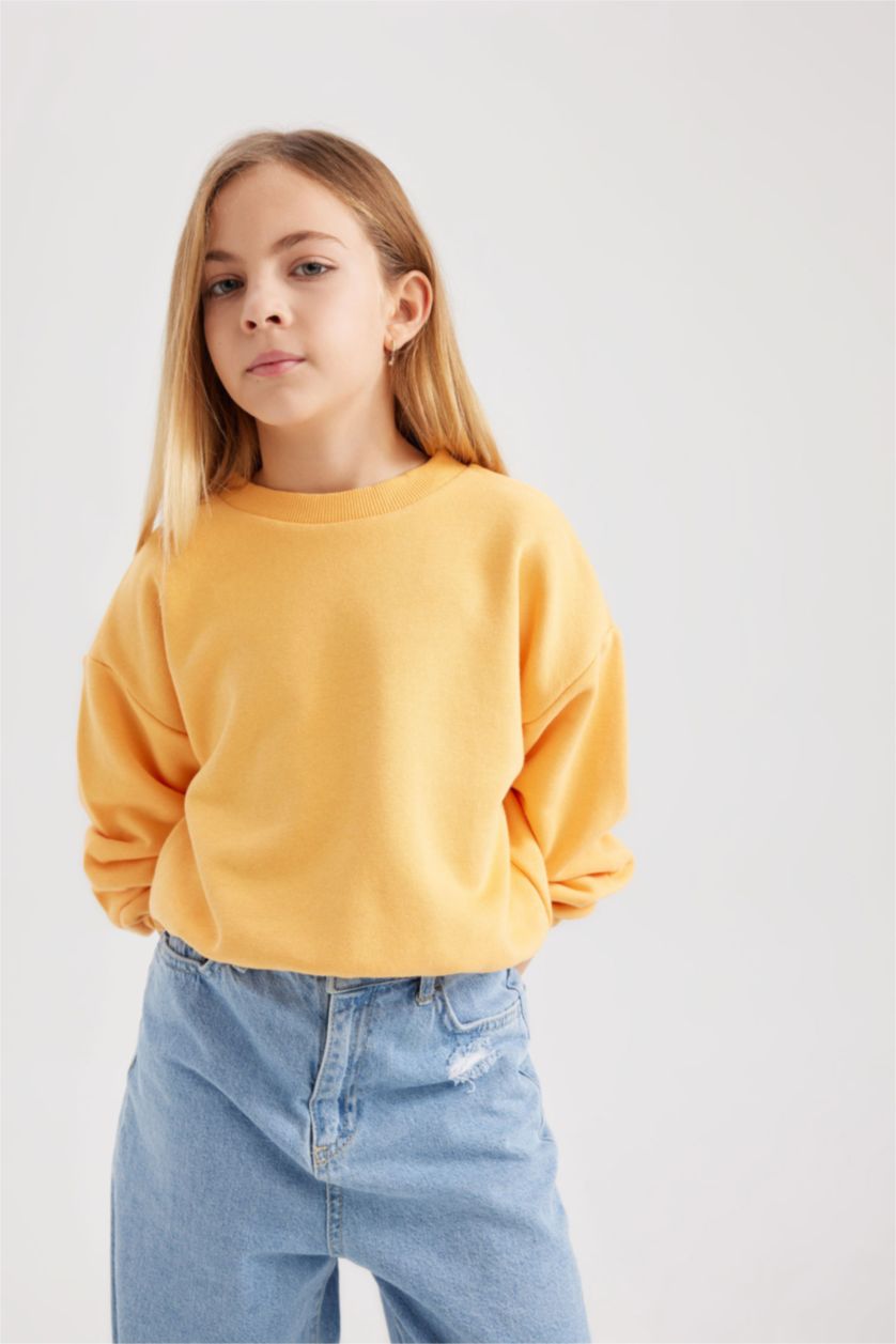 Kız Çocuk - Genç Kız Açık Turuncu Kız Çocuk Bisiklet Yaka Basic Düz Sweatshirt