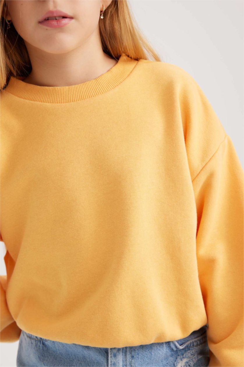 Kız Çocuk - Genç Kız Açık Turuncu Kız Çocuk Bisiklet Yaka Basic Düz Sweatshirt