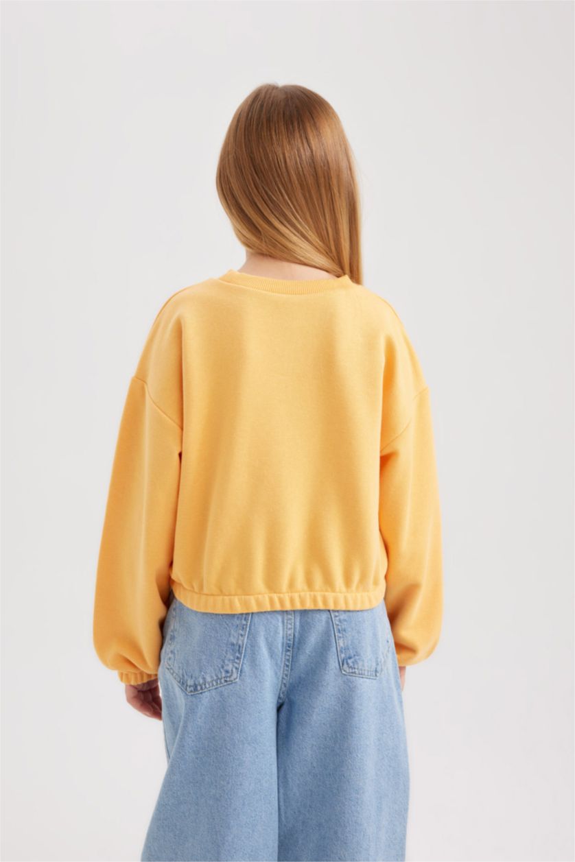 Kız Çocuk - Genç Kız Açık Turuncu Kız Çocuk Bisiklet Yaka Basic Düz Sweatshirt