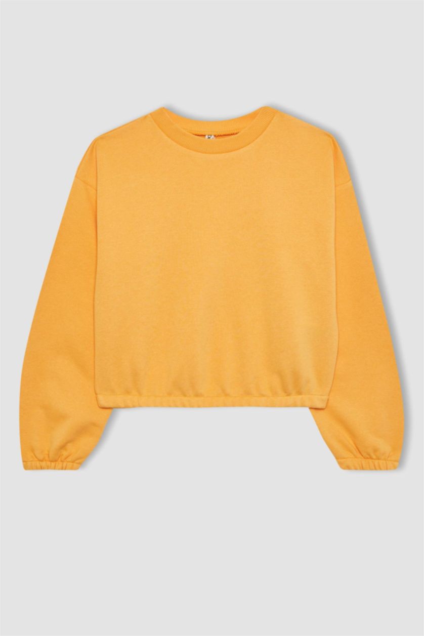Kız Çocuk - Genç Kız Açık Turuncu Kız Çocuk Bisiklet Yaka Basic Düz Sweatshirt