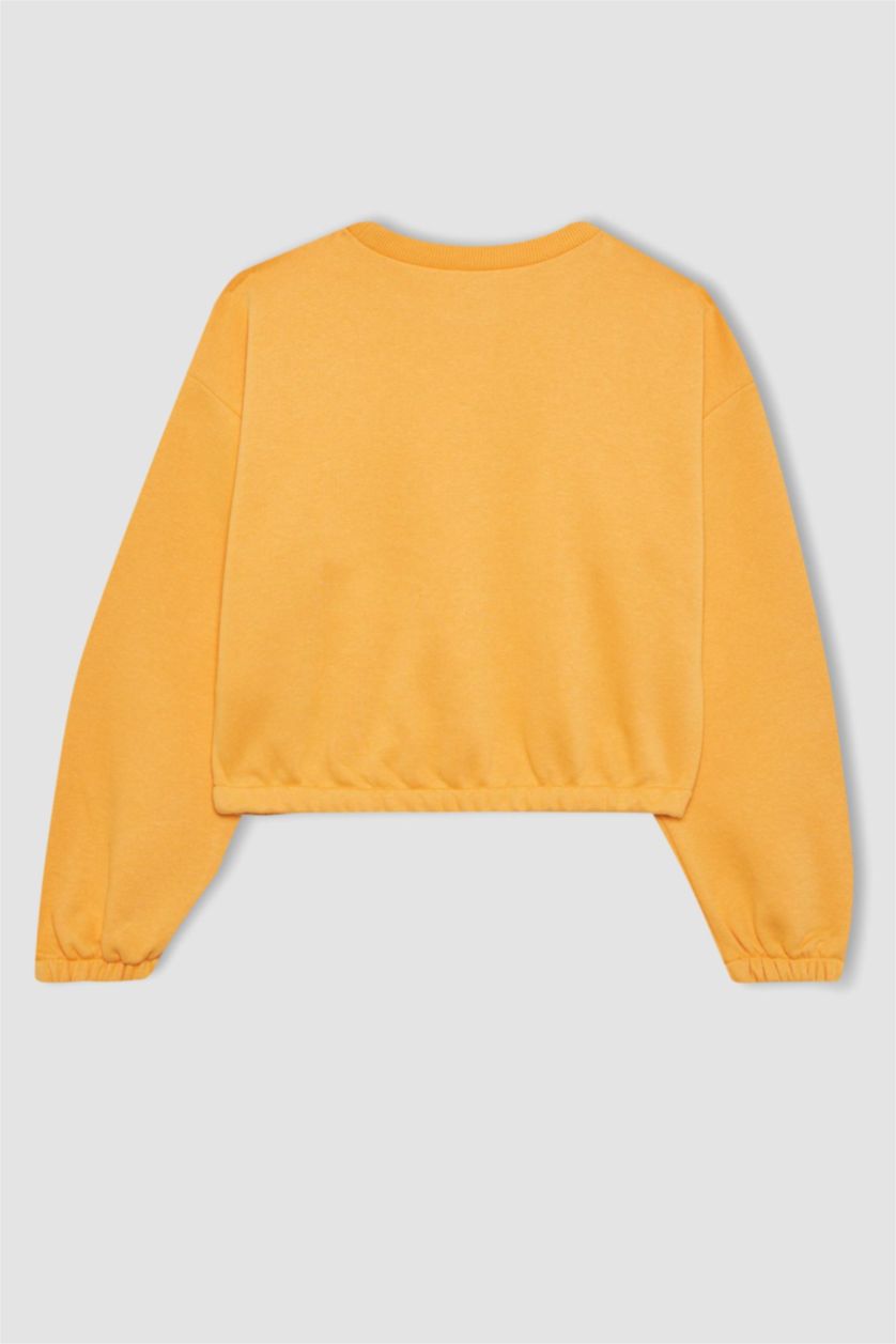Kız Çocuk - Genç Kız Açık Turuncu Kız Çocuk Bisiklet Yaka Basic Düz Sweatshirt