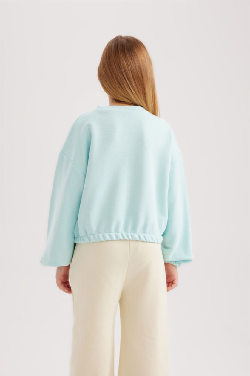 بنات أكوا سويت شيرت بناتي سادة قصة عادية بياخة مستديرة