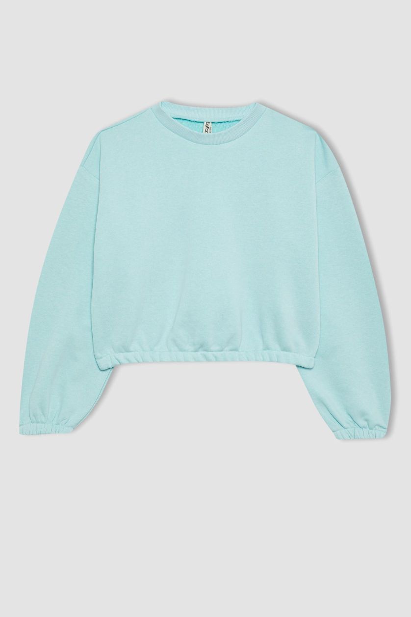 بنات أكوا سويت شيرت بناتي سادة قصة عادية بياخة مستديرة