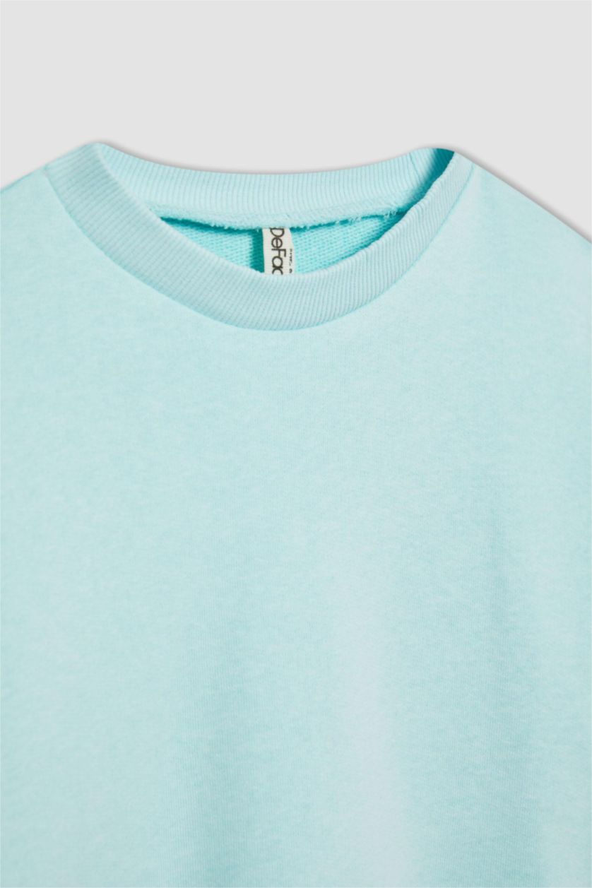 بنات أكوا سويت شيرت بناتي سادة قصة عادية بياخة مستديرة