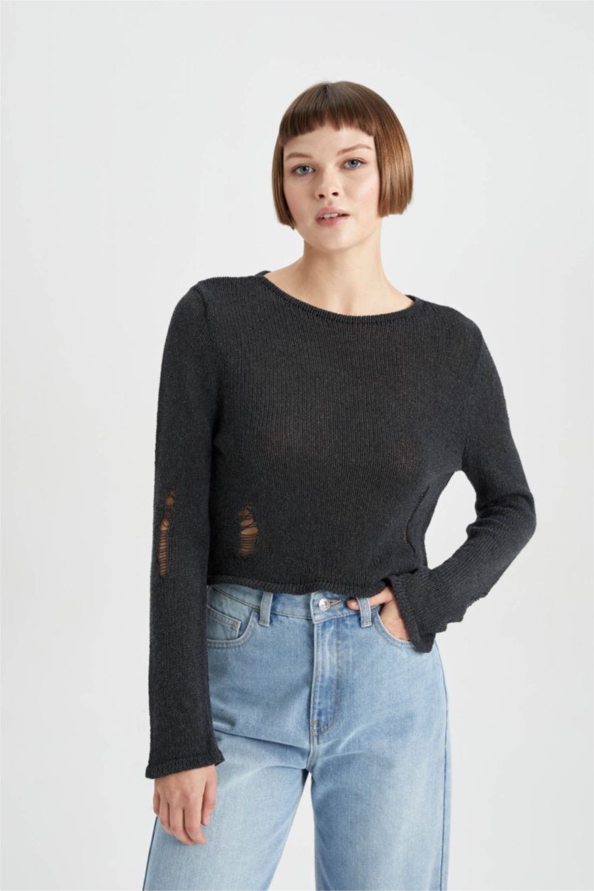 حريمي أنثرا بلوفر قصة عادية برقبة مستديرة