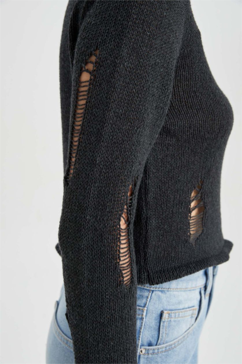 حريمي أنثرا بلوفر قصة عادية برقبة مستديرة