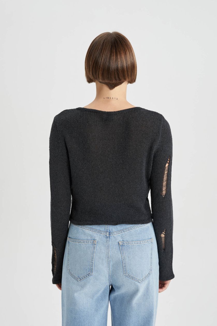 حريمي أنثرا بلوفر قصة عادية برقبة مستديرة