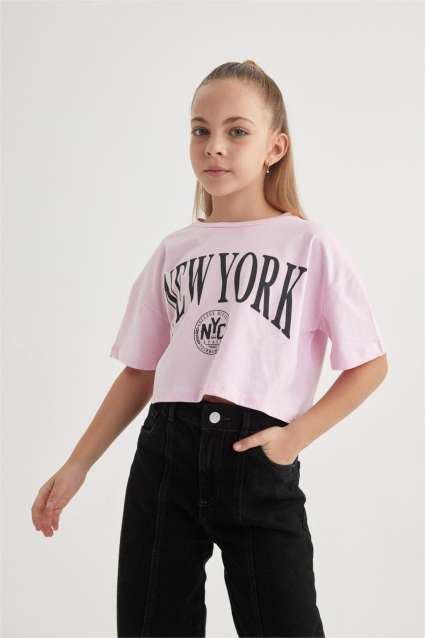 Kız Çocuk - Genç Kız Antrasit Crop Bisiklet Yaka 2'li Kısa Kollu Tişört Kız Çocuk