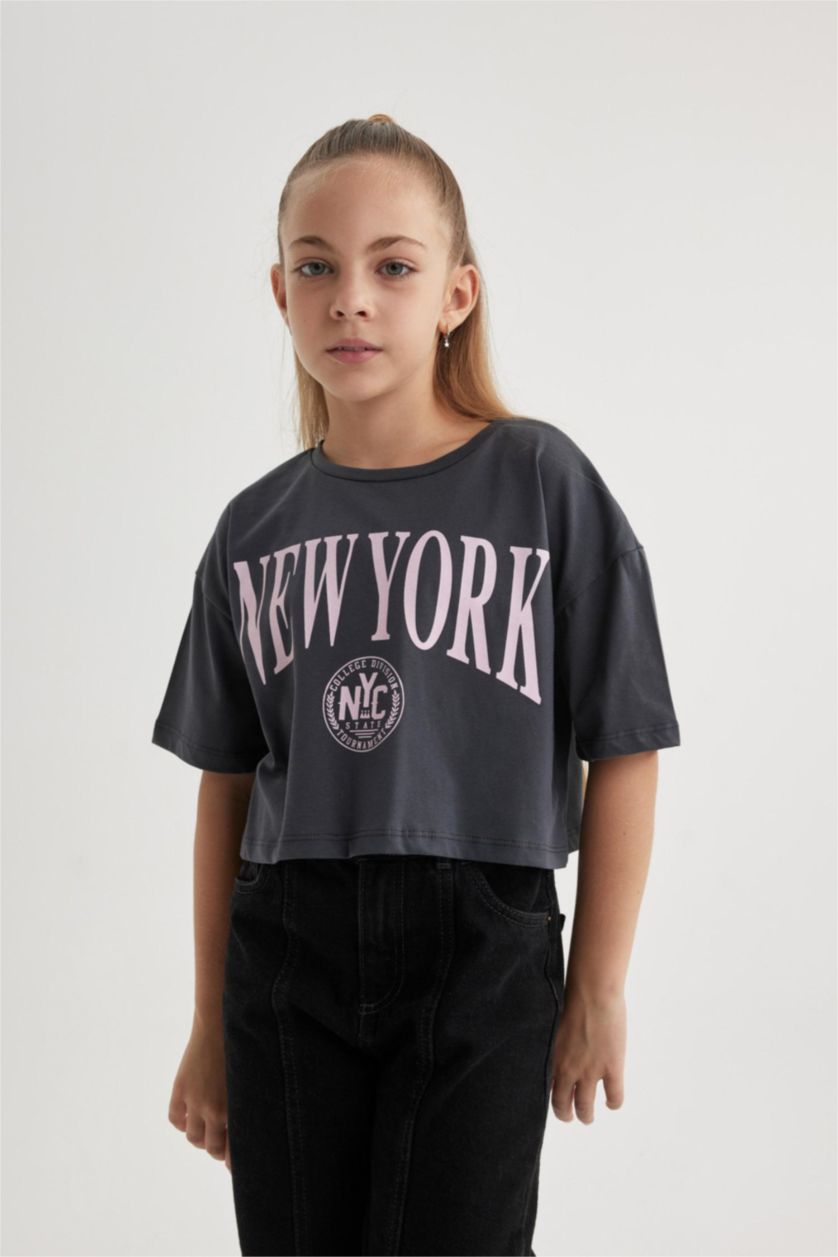 Kız Çocuk - Genç Kız Antrasit Crop Bisiklet Yaka 2'li Kısa Kollu Tişört Kız Çocuk