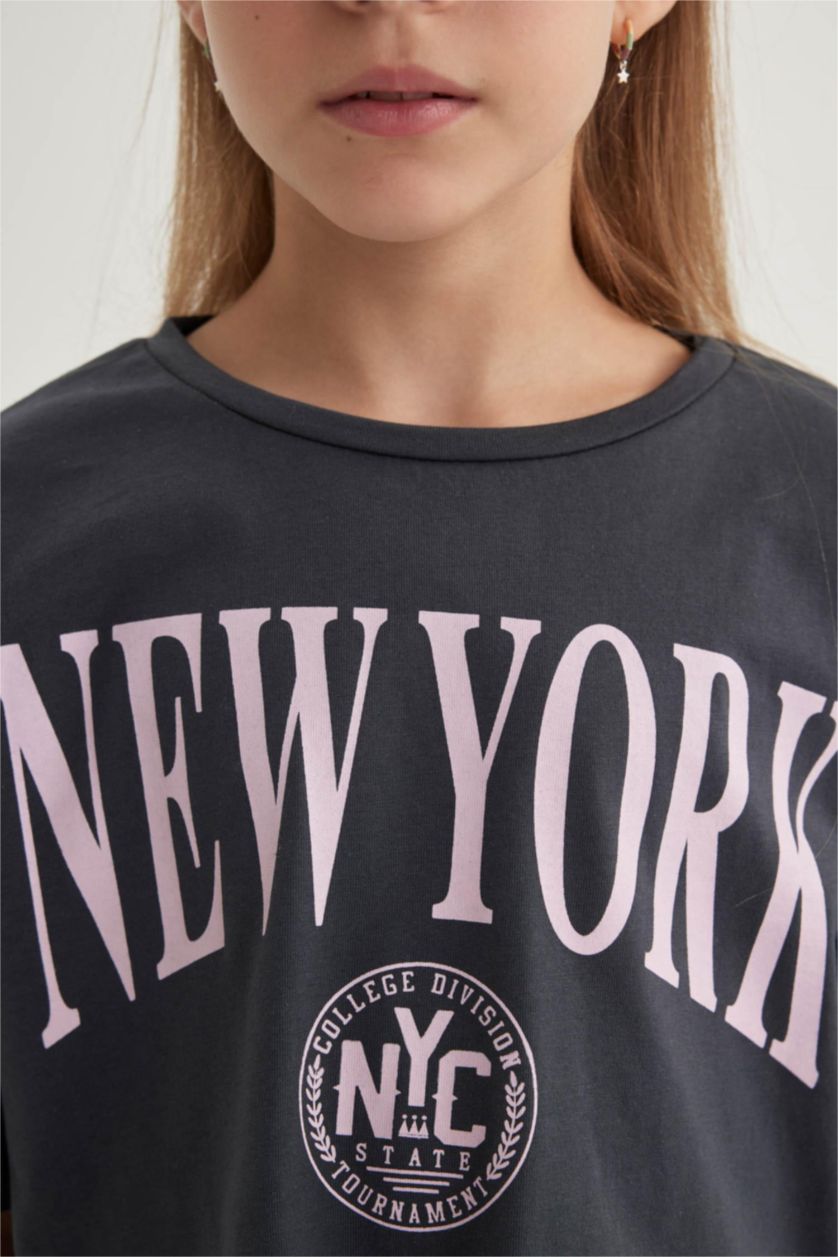 Kız Çocuk - Genç Kız Antrasit Crop Bisiklet Yaka 2'li Kısa Kollu Tişört Kız Çocuk