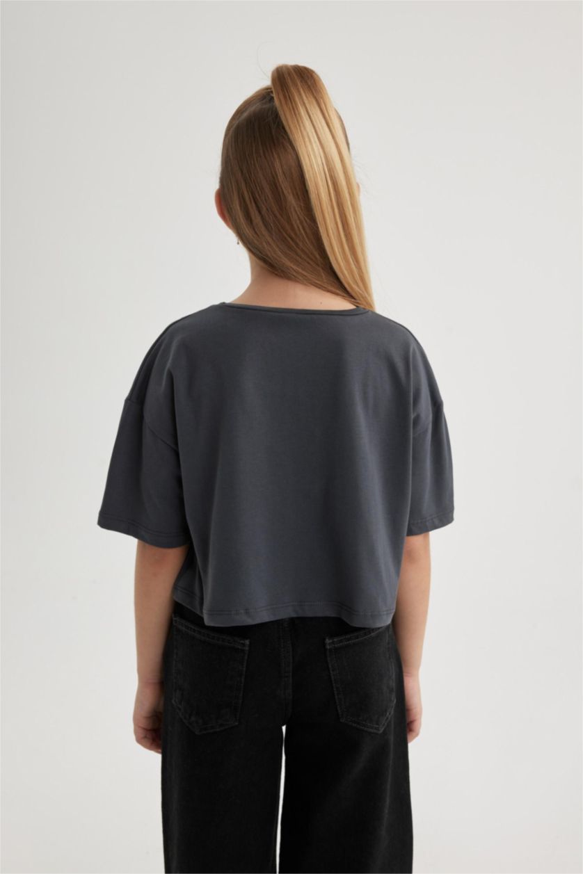 Kız Çocuk - Genç Kız Antrasit Crop Bisiklet Yaka 2'li Kısa Kollu Tişört Kız Çocuk