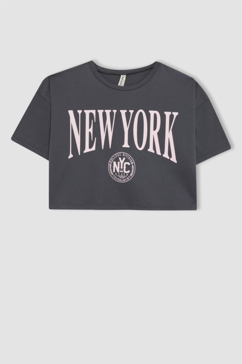 Kız Çocuk - Genç Kız Antrasit Crop Bisiklet Yaka 2'li Kısa Kollu Tişört Kız Çocuk