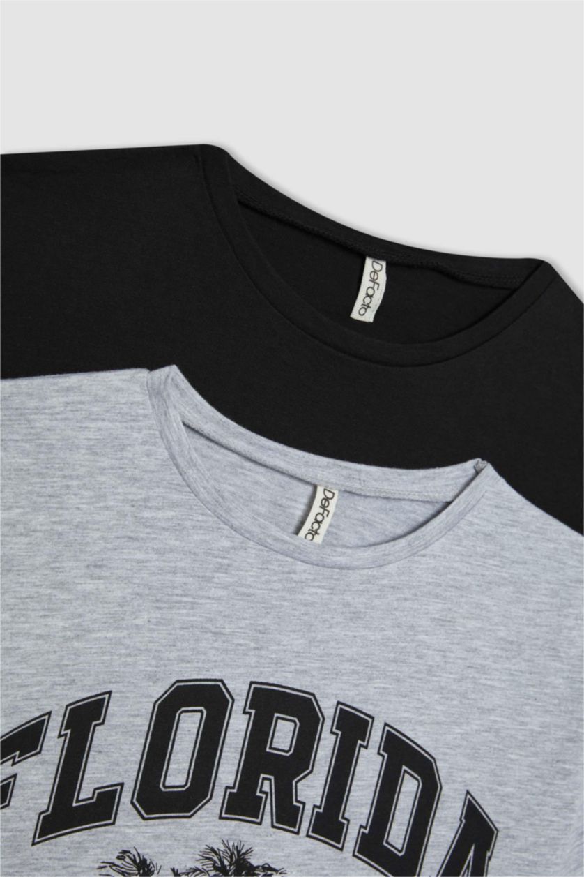 Kız Çocuk - Genç Kız Siyah Crop Bisiklet Yaka 2'li Kısa Kollu Tişört Kız Çocuk