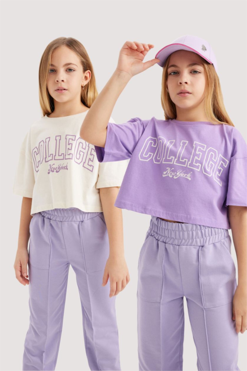 Kız Çocuk - Genç Kız Ekru Crop Bisiklet Yaka 2'li Kısa Kollu Tişört Kız Çocuk