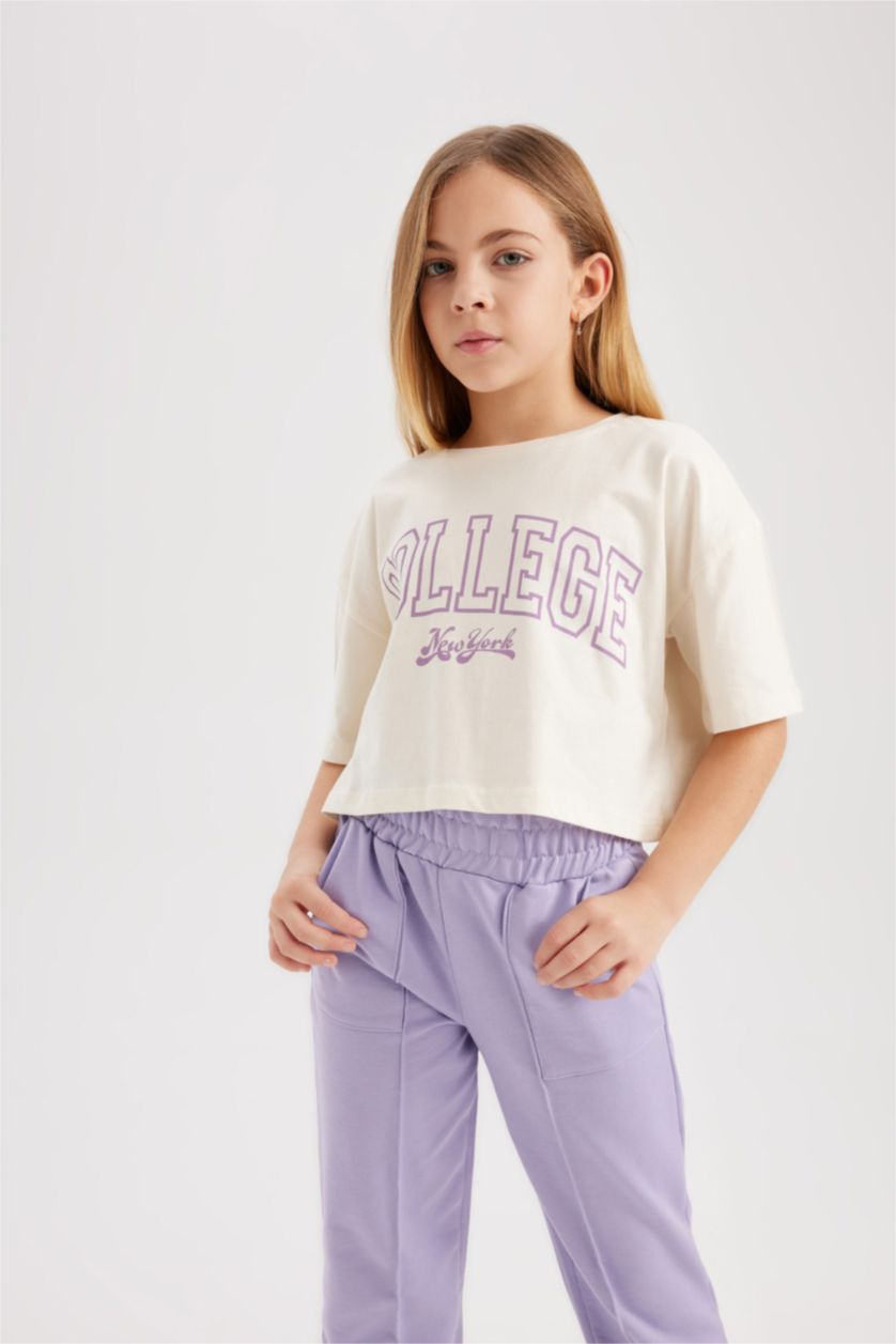 Kız Çocuk - Genç Kız Ekru Crop Bisiklet Yaka 2'li Kısa Kollu Tişört Kız Çocuk