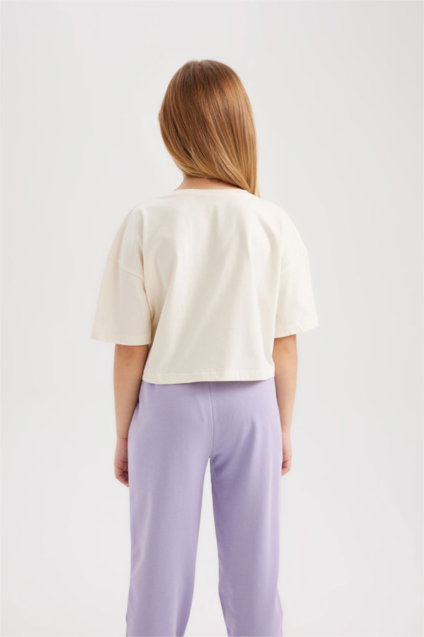 Kız Çocuk - Genç Kız Ekru Crop Bisiklet Yaka 2'li Kısa Kollu Tişört Kız Çocuk