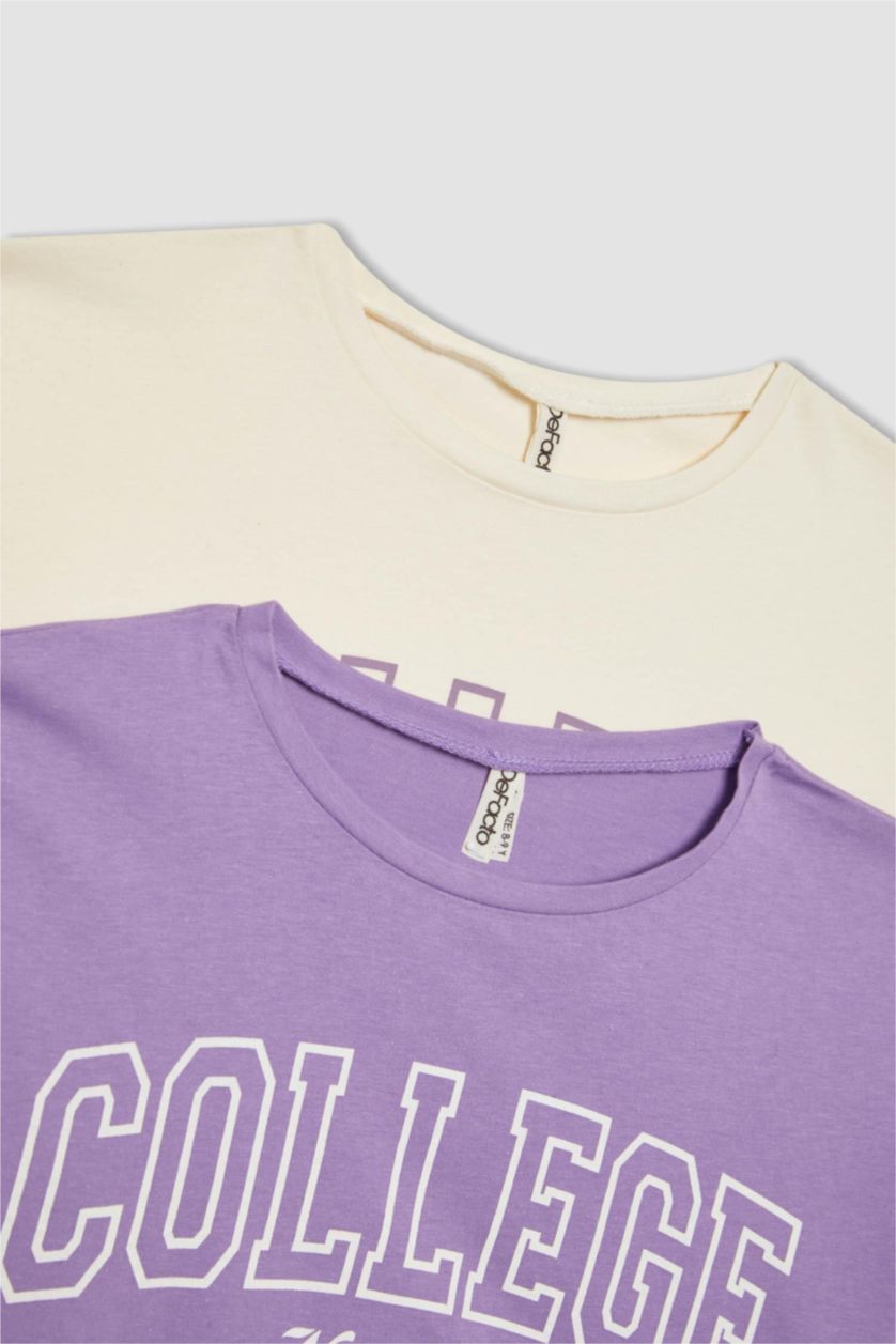 Kız Çocuk - Genç Kız Ekru Crop Bisiklet Yaka 2'li Kısa Kollu Tişört Kız Çocuk