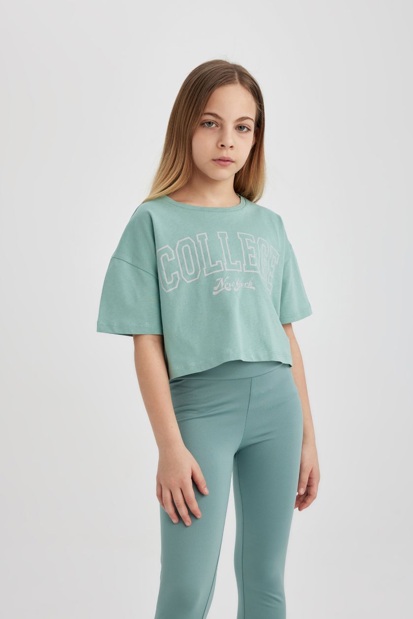 Kız Çocuk - Genç Kız Açık Yeşil Crop Bisiklet Yaka 2'li Kısa Kollu Tişört Kız Çocuk