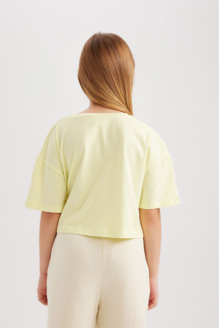 Kız Çocuk - Genç Kız Açık Sarı Crop Bisiklet Yaka 2'li Kısa Kollu Tişört Kız Çocuk