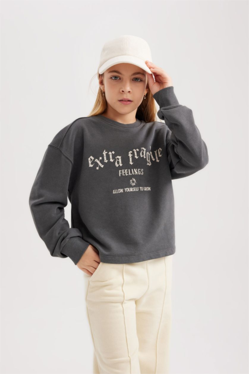 Girls & Teens Anthracite Girl Printed Crew Neck Crop Sweatshirt